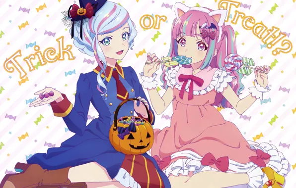 Halloween, bows, candy, pink dress, candy on the Desk, two girls, Trick 'r Treat, pumpkin …