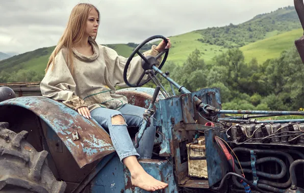 Girl, background, tractor