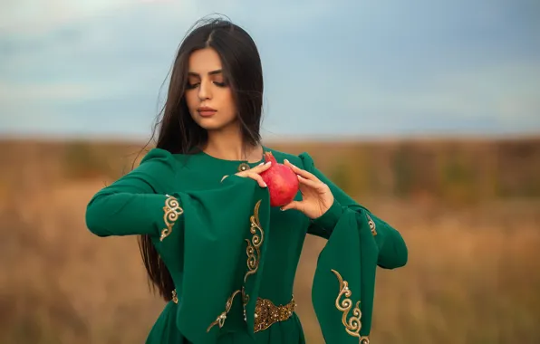 Girl, pose, dress, long hair, bokeh, garnet, Dmitry Shulgin