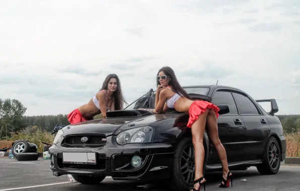 Look, girls, Subaru, glasses, Erotic, black car