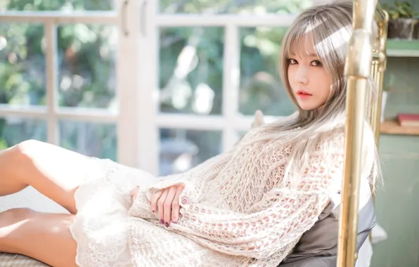 Picture mini dress, digital painting, asian, handsome, blonde, long hair, Han Ga Eun, clear eyes