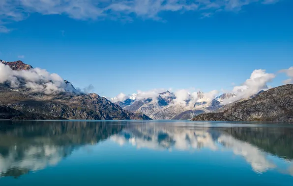 Reflection, mountains, blue sky, shore, mountain range, tops, pond, lake