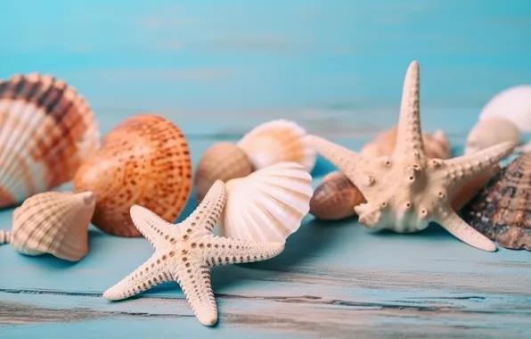 Board, shell, shell, starfish, blue background, composition, AI art, neural network