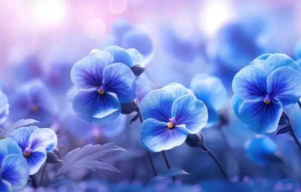 Flowers, spring, blue, Pansy, flowerbed, blue, bokeh, viola