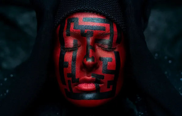 Girl, face, red, maze, paint, Ivan Kovalev