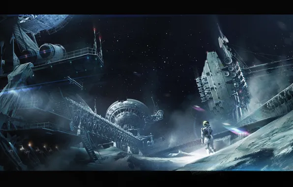 Space, stars, planet, astronaut, base, art, astronaut