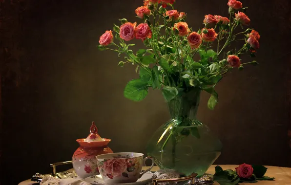 Table, background, roses, Cup, vase, still life, saucer, tray