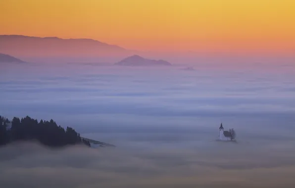 Picture the sky, light, mountains, fog, the evening, morning, Church