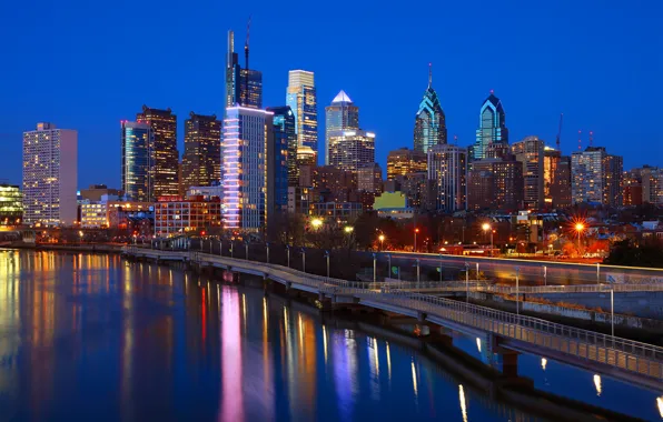 Night, lights, river, USA, Philadelphia, Philadelphia