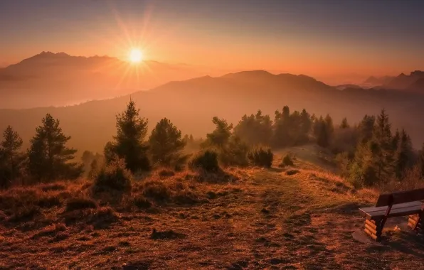 Picture autumn, the sun, rays, trees, landscape, sunset, mountains, nature