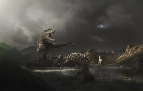 Mountains, Castle, Clouds, Lizard, Dinosaur, Fantasy, Landscape, Art