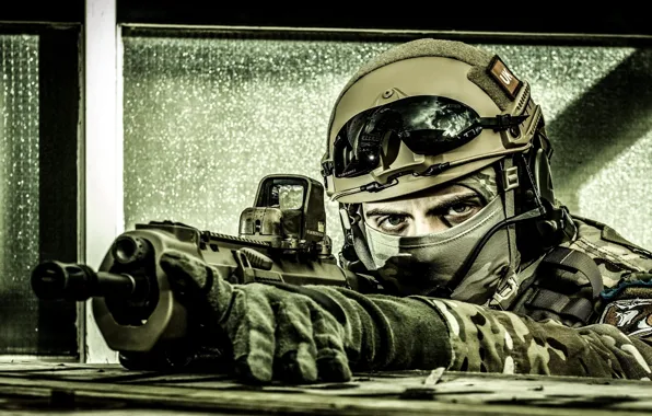 Picture gun, soldier, eyes, assault rifle, uniform, equipment