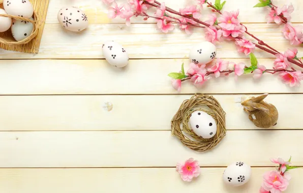 Flowers, basket, eggs, spring, Easter, pink, wood, pink