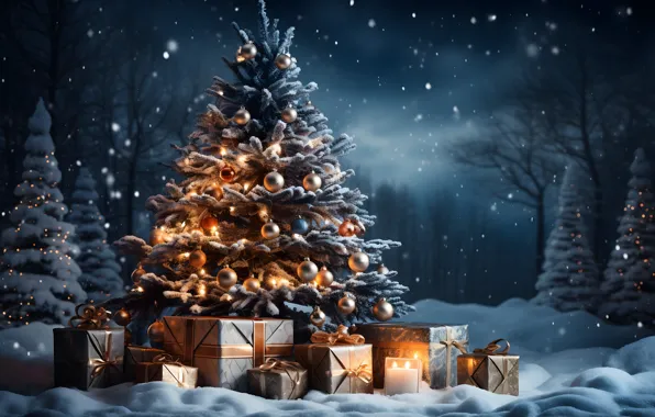 Winter, forest, snow, decoration, night, lights, balls, tree