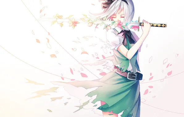 Picture girl, flowers, weapons, katana, anime, petals, Sakura, art