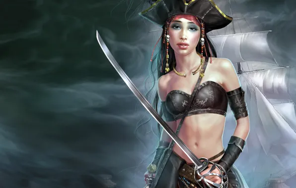 Girl, weapons, smoke, ship, sailboat, hat, art, sails
