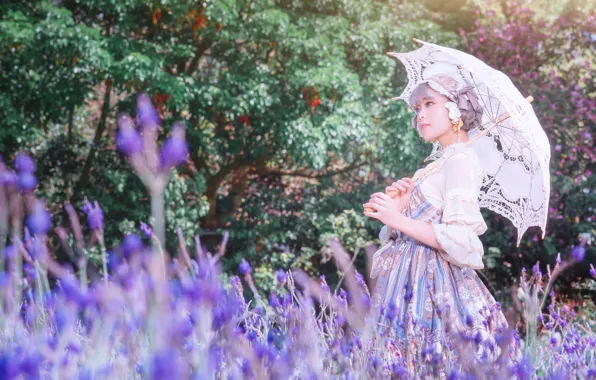 Summer, girl, light, flowers, nature, umbrella, garden, dress