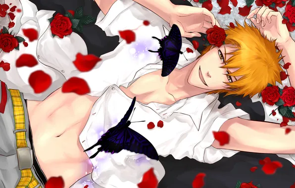 Picture look, butterfly, flowers, smile, lies, guy, Bleach, Bleach