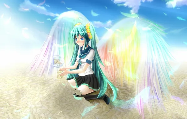 Picture the sky, girl, clouds, wings, rainbow, art, Hatsune Miku, Vocaloid