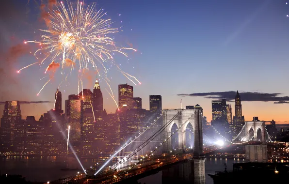 Picture bridge, salute, fireworks, USA, America, New York, New York, Brooklyn Bridge