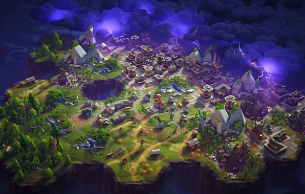 The storm, trees, the city, lake, lightning, windmill, crystals, quarry