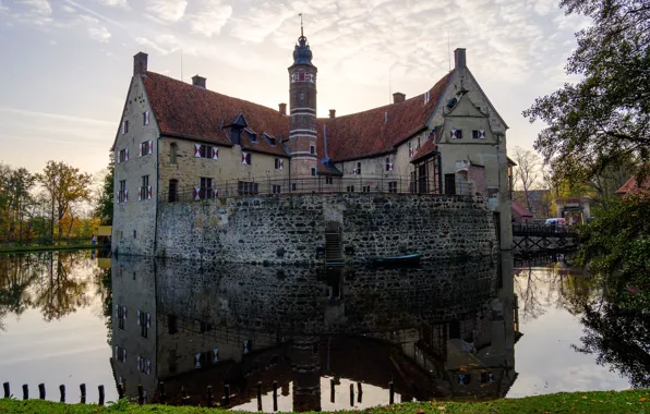 Autumn, the sky, water, clouds, trees, pond, reflection, castle