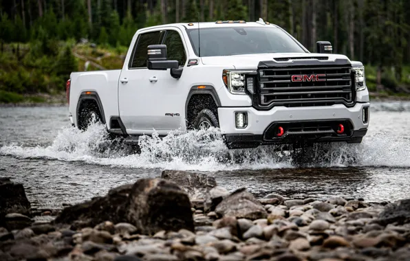 Picture white, water, river, pickup, GMC, Sierra, AT4, 2020