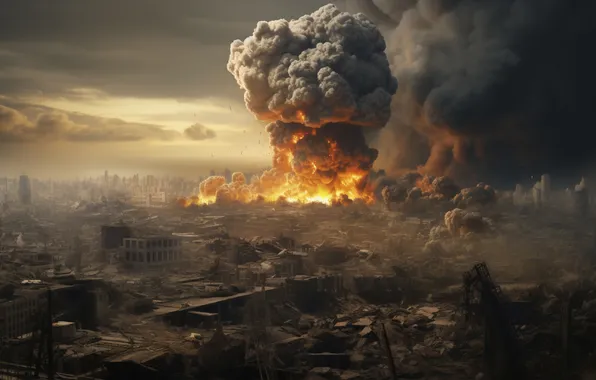 The city, Smoke, Mushroom, The explosion, Digital art, A nuclear explosion, Destruction, AI art