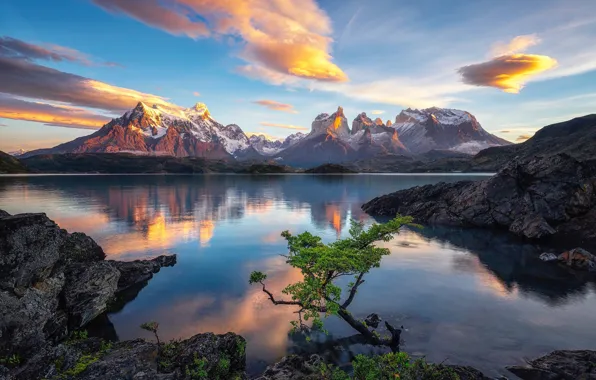 The sky, clouds, mountains, lake, rocks, Chile, Patagonia, Lake Pehoe