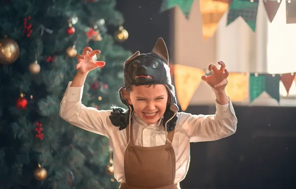 Picture holiday, new year, wolf, boy, mask, tree, child, Marianne Smolin