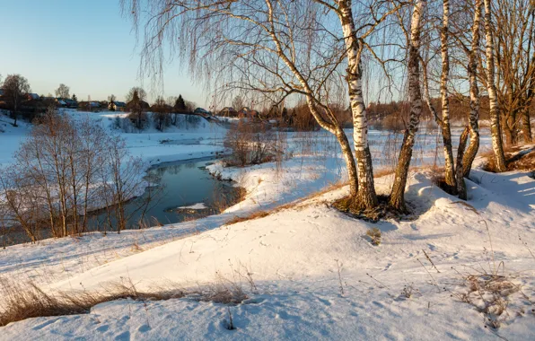 Picture snow, nature, birch, home, trees, river, village, landscape