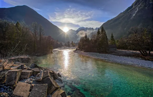 Picture the sun, rays, mountains, river, Slovenia, Tolmin, the valley of soča