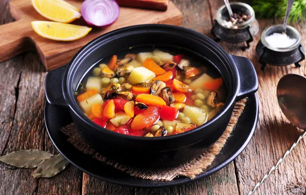 Lemon, soup, vegetables, spices
