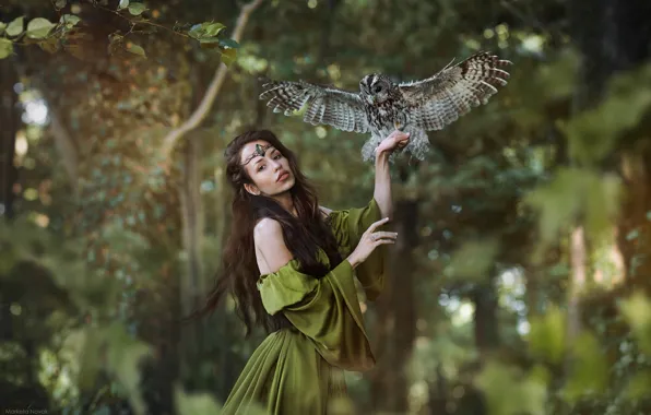 Picture look, girl, pose, owl, hair, dress, Marketa Novak, Tereza Hejdukovа