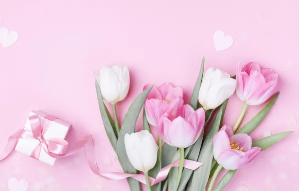 Flowers, gift, tulips, pink background, March 8, pink, flowers, background