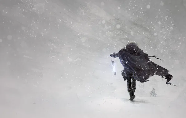 Picture winter, snow, weapons, art, hero, flashlight, cloak, Blizzard