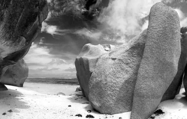 Sand, rocks, black and white photo