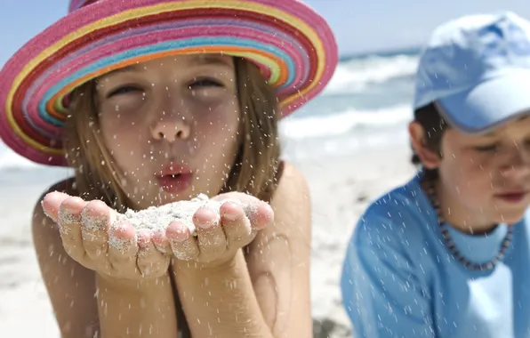 Picture sand, hat, boy, girl, girl, hat, 1920x1200, boy