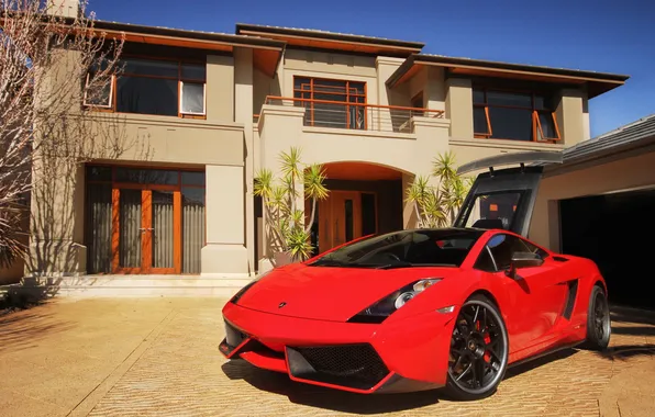 Red, house, supercar, red, gallardo, lamborghini, Lamborghini, Gallardo
