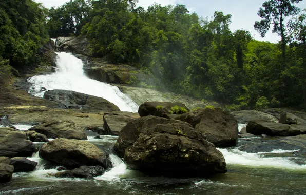 Trees, stones, waterfall, haze