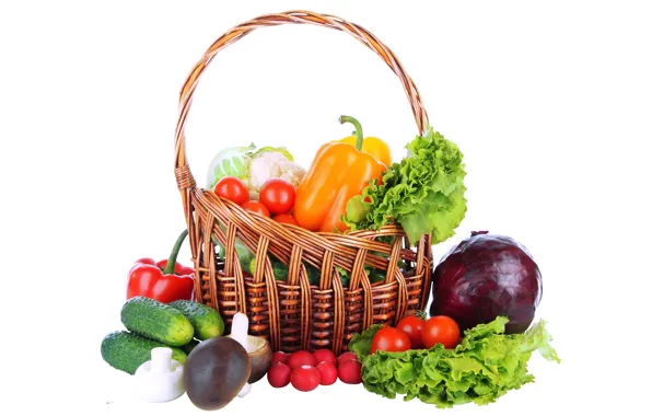 White background, pepper, basket, vegetables, tomatoes, cucumbers, radishes