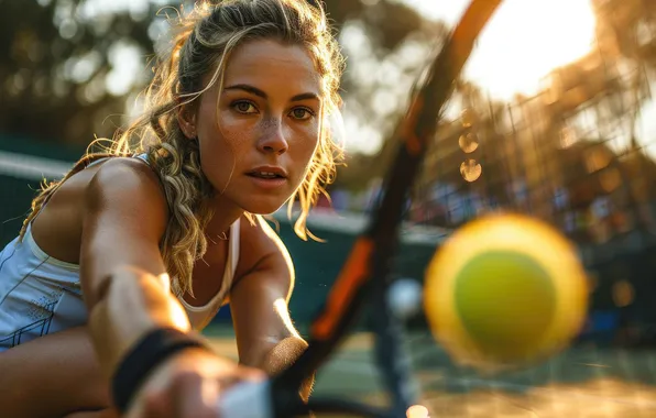 Girl, The ball, Sport, Hair, Tennis, Racket, Digital art, Closeup