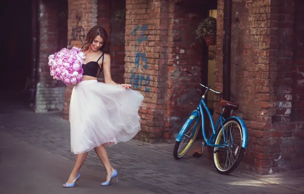 Picture girl, flowers, bike, pose, mood, skirt, bouquet, topic