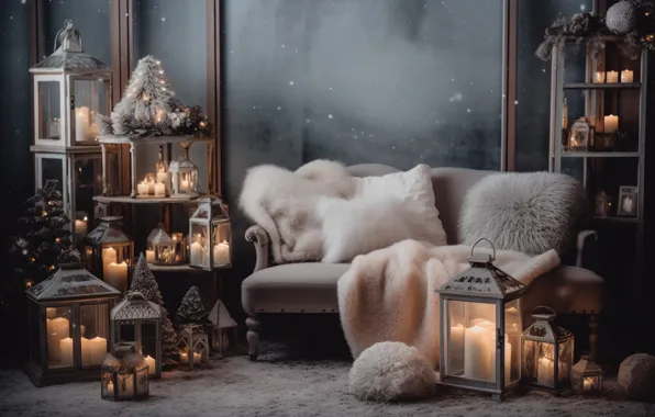 Comfort, heat, room, furniture, interior, pillow, candles, Christmas