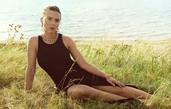 Sea, the sun, pose, model, portrait, dress, actress, Scarlett Johansson