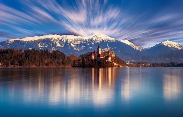 Forest, the sky, clouds, trees, mountains, lake, shore, day