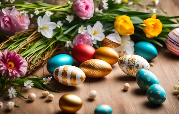 Flowers, eggs, spring, colorful, Easter, happy, flowers, spring