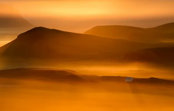 Picture mountains, fog, house, morning