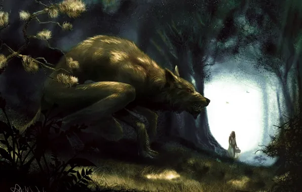 Picture forest, girl, wolf, art, basket, Little Red Riding Hood, Red Riding Hood