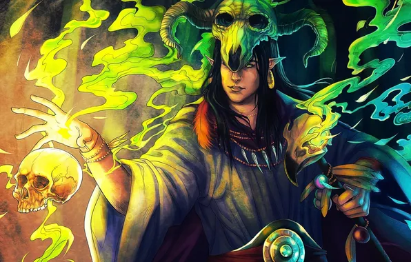 Magic, elf, skull, art, horns, staff, guy, shaman